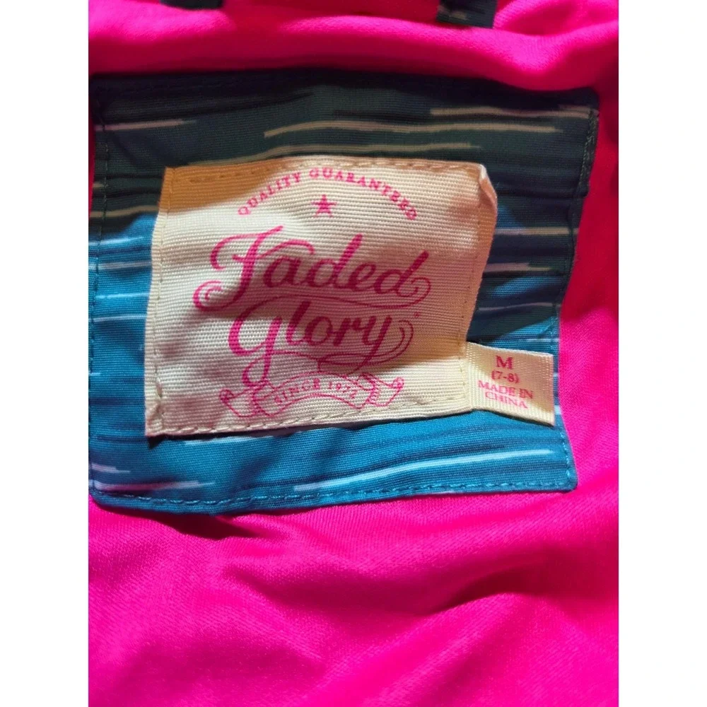 297. Faded Glory Girls M 7-8 Teal Pink Hooded Jacket Lightweight Striped Full...